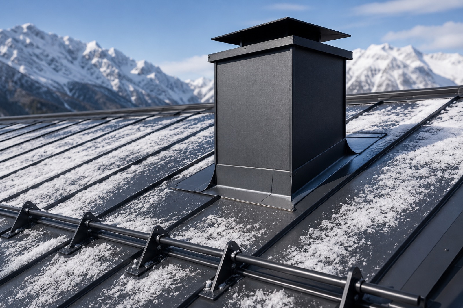 Sauber eingefasster Kamin auf einem Stehfalzdach mit Schneefang