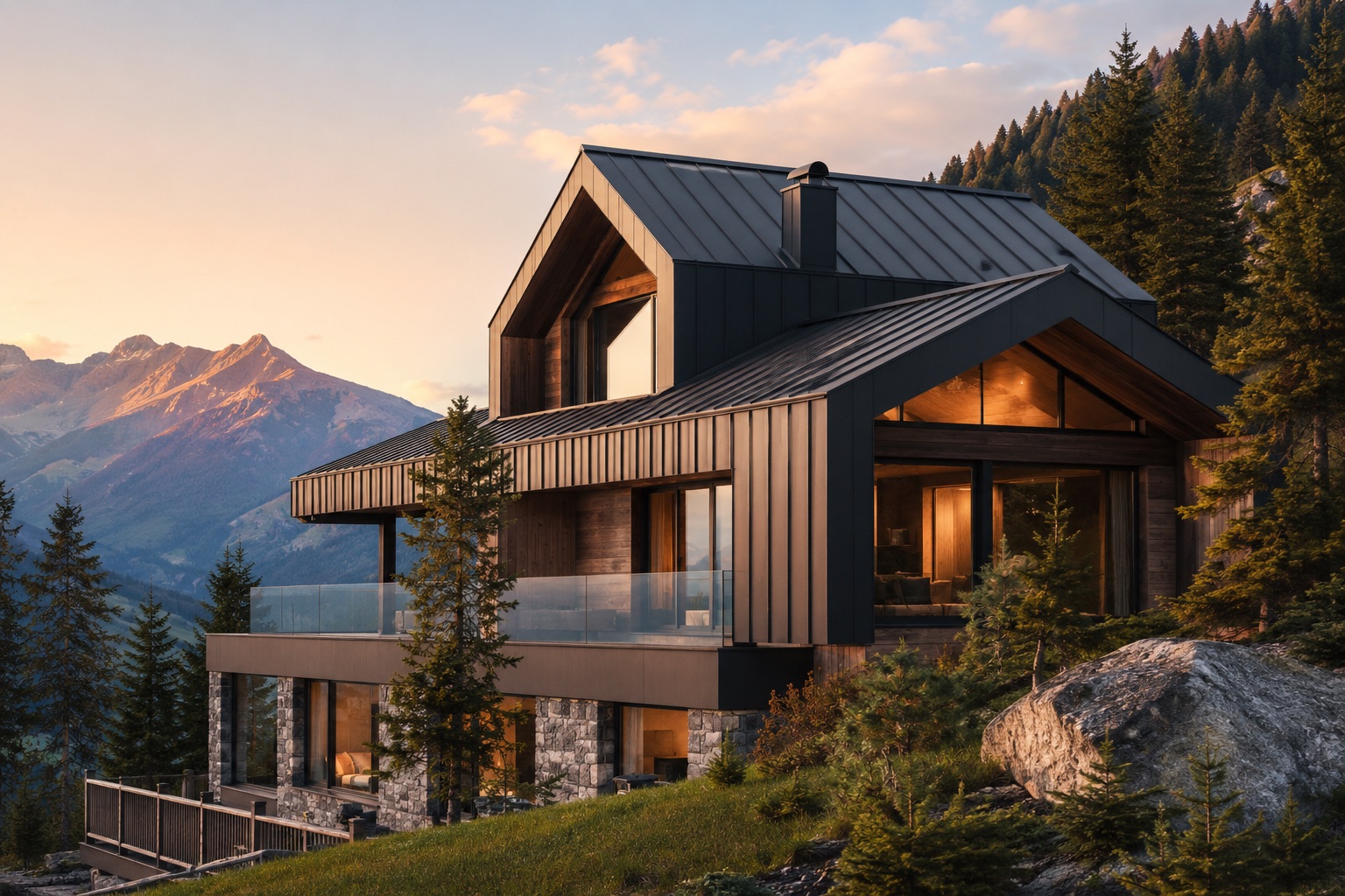 Modernes Chalet mit dunklem Titanzink-Stehfalzdach im Abendlicht